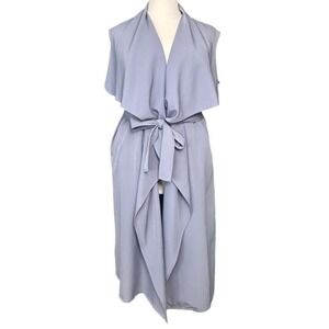 SOCIETY+ BLUE GREY OVERSIZED COLLAR BELTED VEST